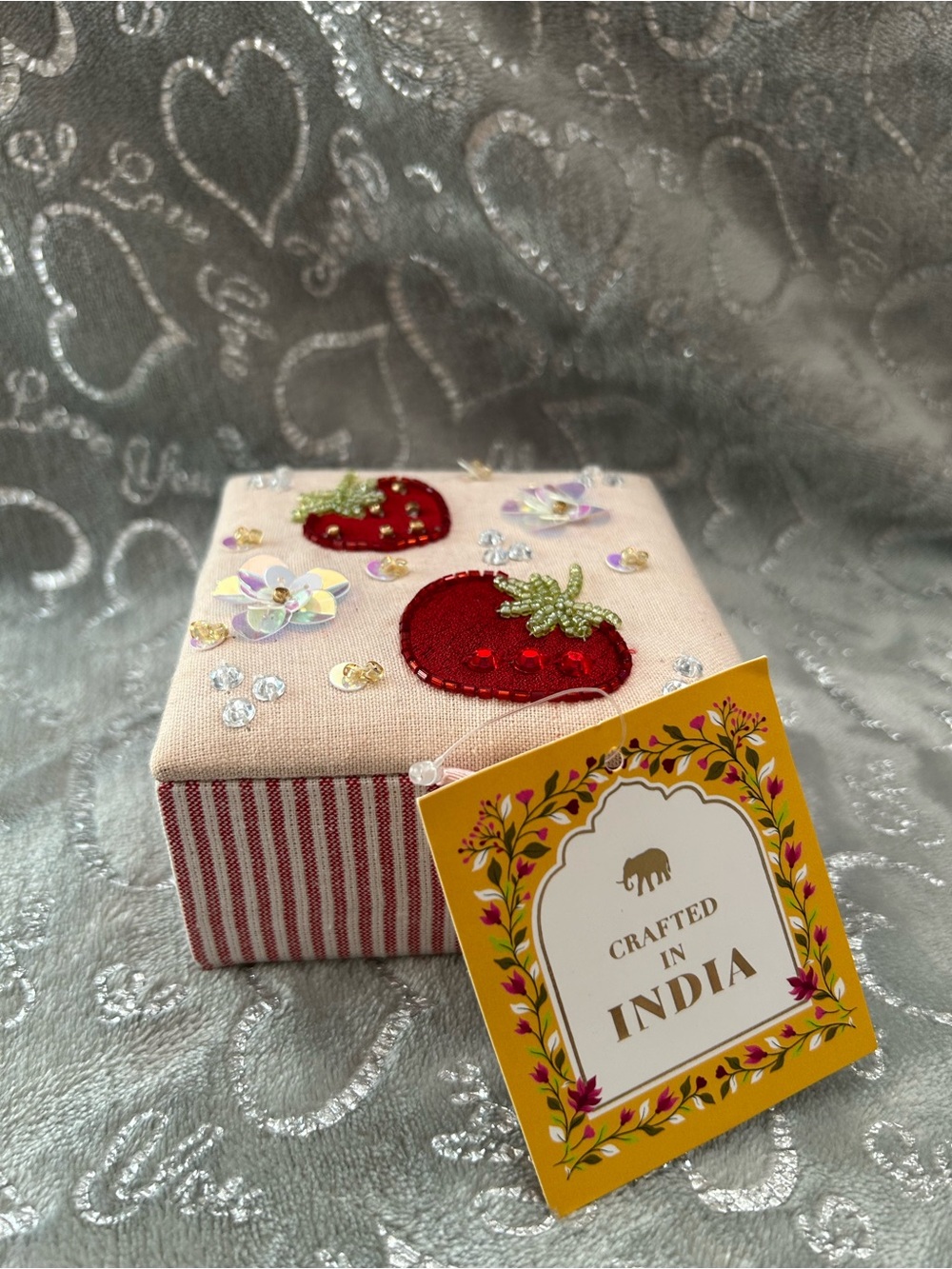 NWT “Handcrafted In India” Small, Pink & Red, Strawberry Embellished Jewelry Box